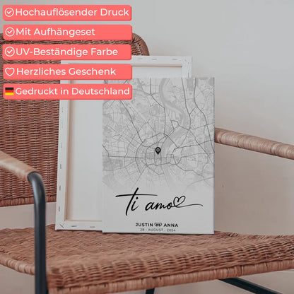 Personalisiertes Leinwand Poster Stadtkarten Ti Amo für Paare Schwarz Weiß