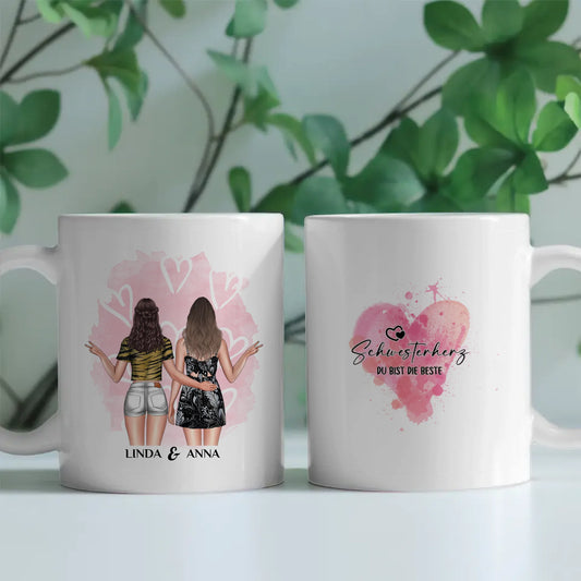Personalisierte Tasse für Schwesterherz Bist die Beste mit Figuren