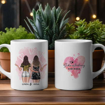 Personalisierte Tasse für Schwesterherz Bist die Beste mit Figuren