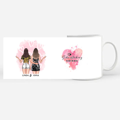 Personalisierte Tasse für Schwesterherz Bist die Beste mit Figuren