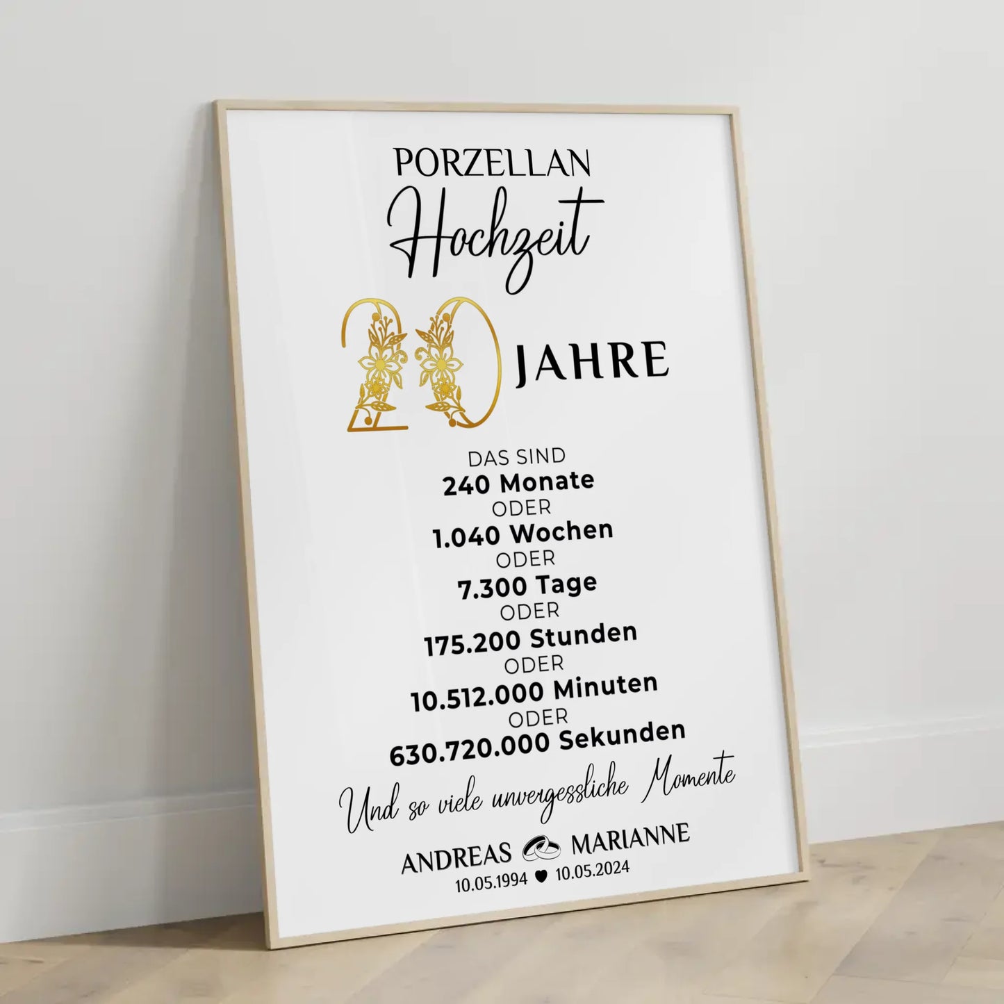 Personalisiertes Geschenk Poster Momente 20 Hochzeitstag zur Porzellanhochzeit