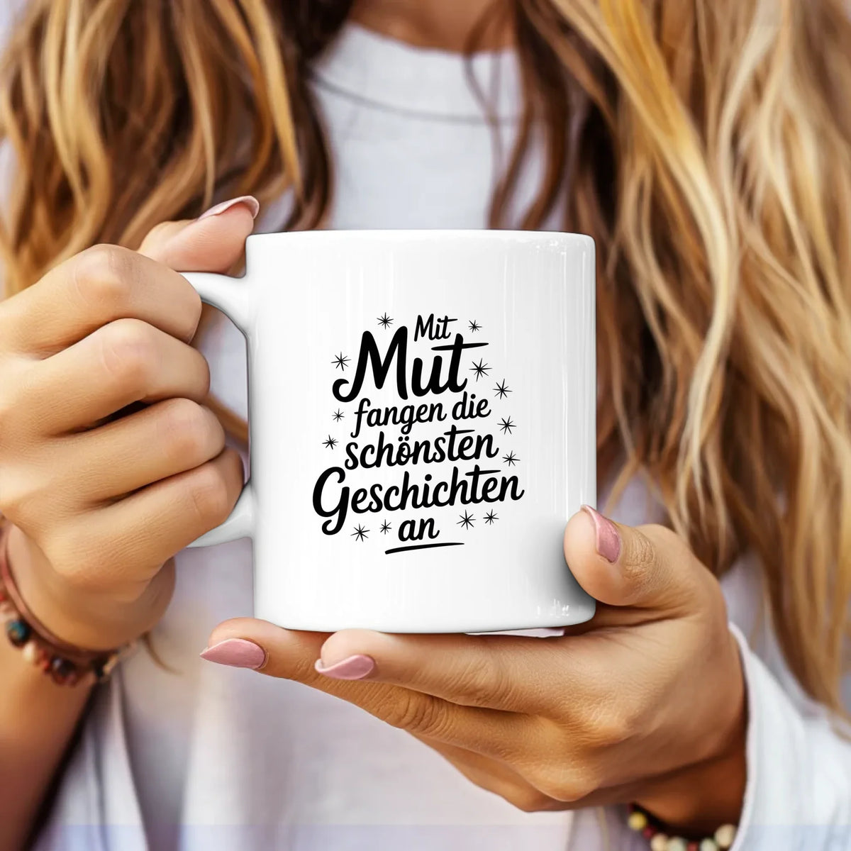 Tasse mit Spruchbildern Mut fangen die schönsten Geschichten an