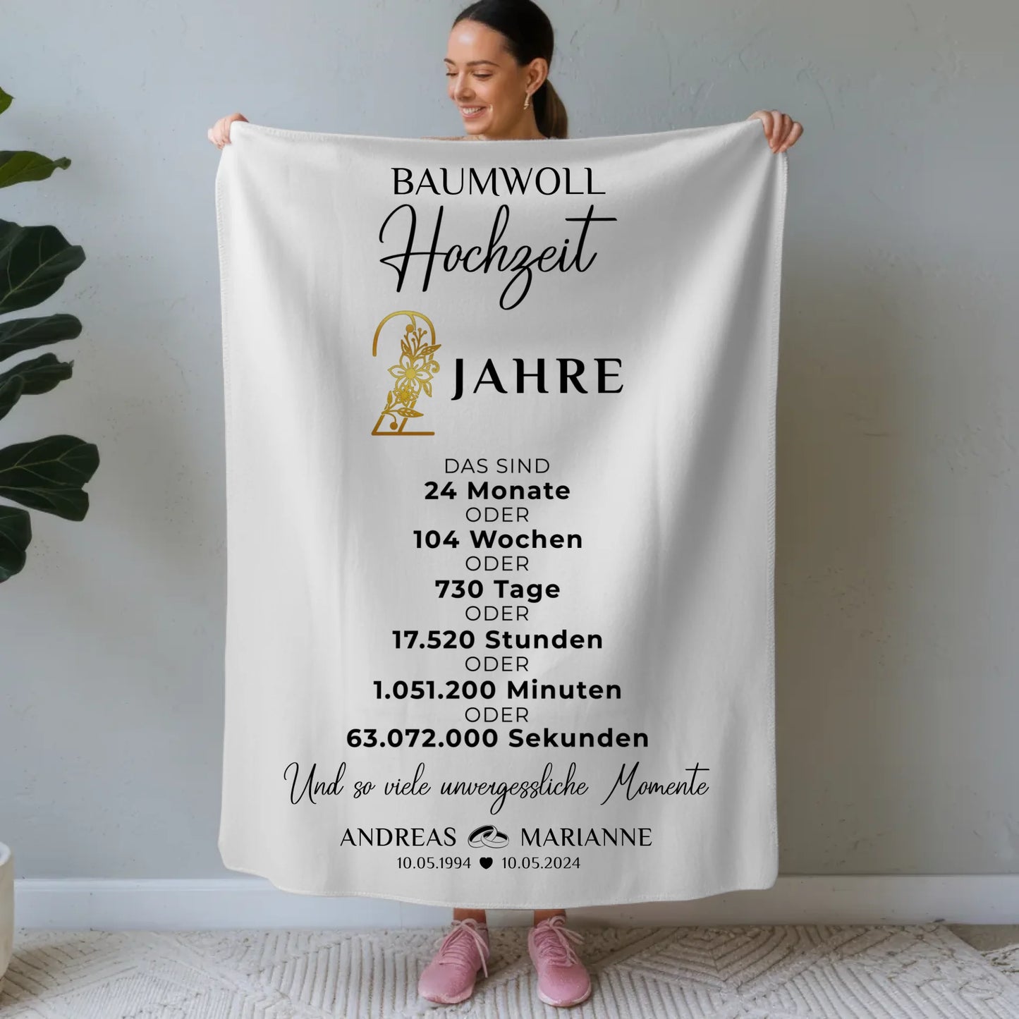 Personalisierte Decke Geschenk zur Baumwollhochzeit 2 Hochzeitstag