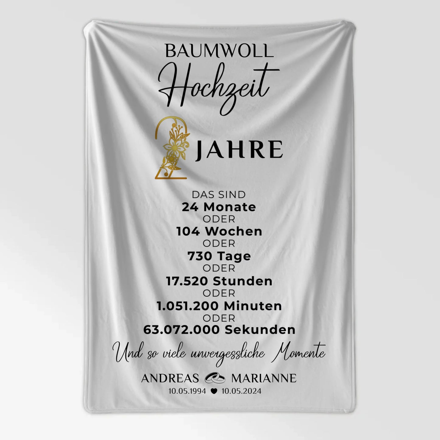 Personalisierte Decke Geschenk zur Baumwollhochzeit 2 Hochzeitstag