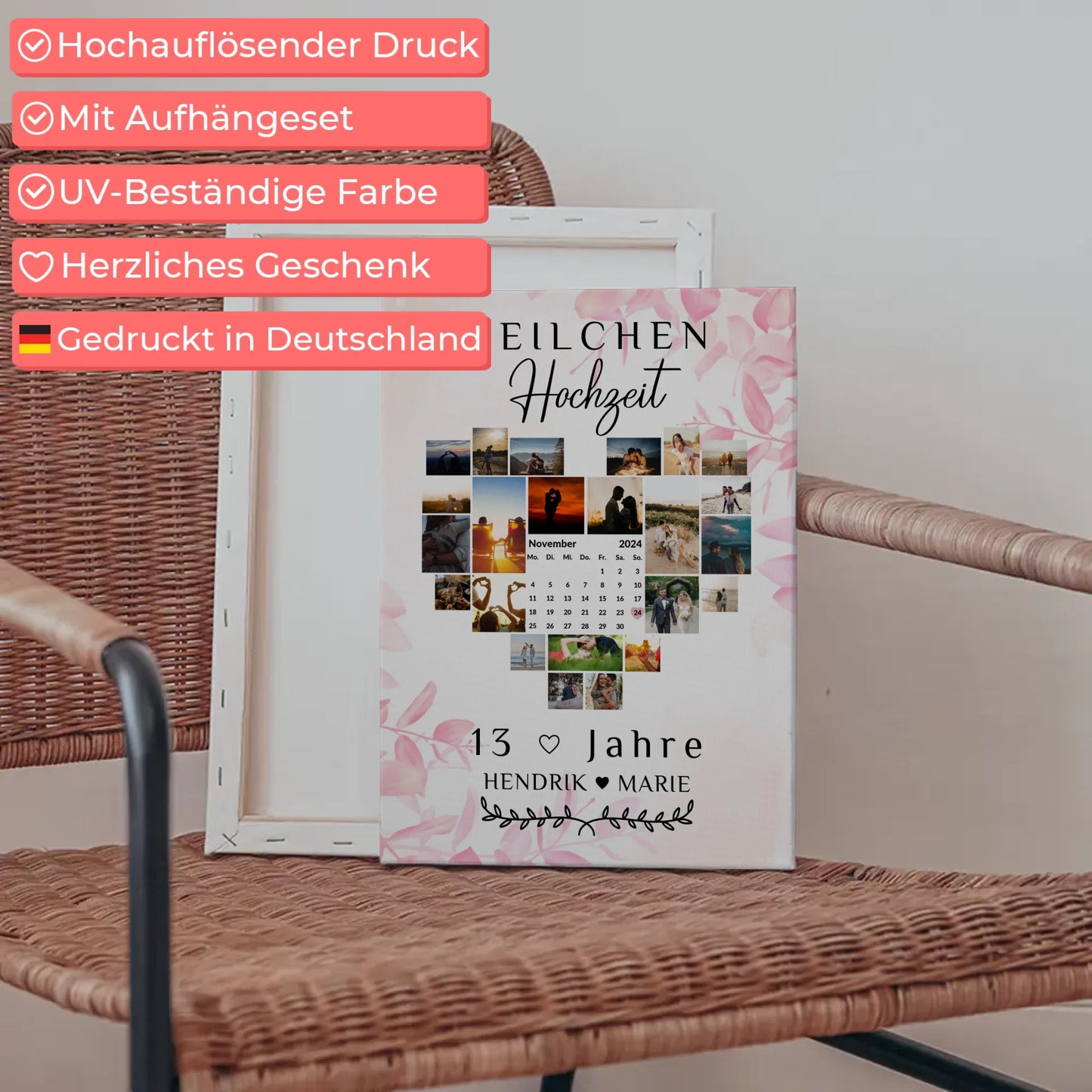 Leinwand mit Kalender 13 Hochzeitstag Geschenk Veilchenhochzeit