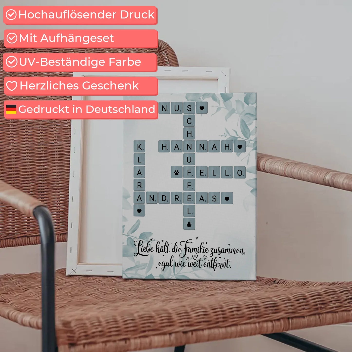 Leinwand Familie personalisiert Kreuzworträtsel mit Namen Wunschtext