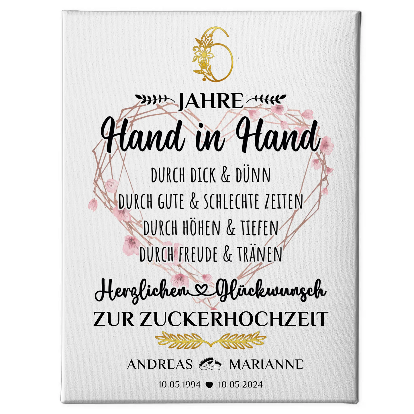 Personalisierte Leinwand Geschenk 6 Hochzeitstag zur Zuckerhochzeit mit Namen
