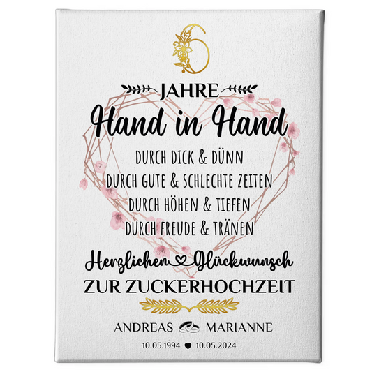 Personalisierte Leinwand Geschenk 6 Hochzeitstag zur Zuckerhochzeit mit Namen