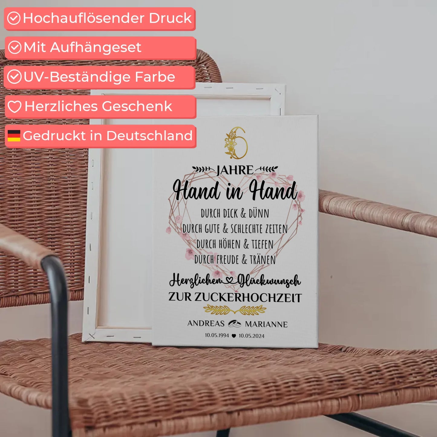 Personalisierte Leinwand Geschenk 6 Hochzeitstag zur Zuckerhochzeit mit Namen
