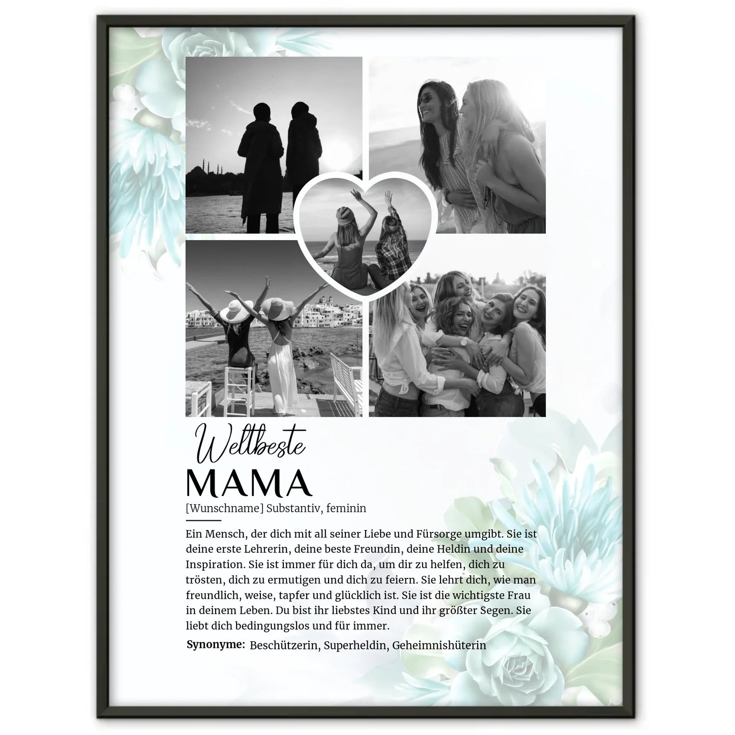 Personalisiertes Poster Definition Mama 5 Fotos Schwarz Weiß Floral Blau