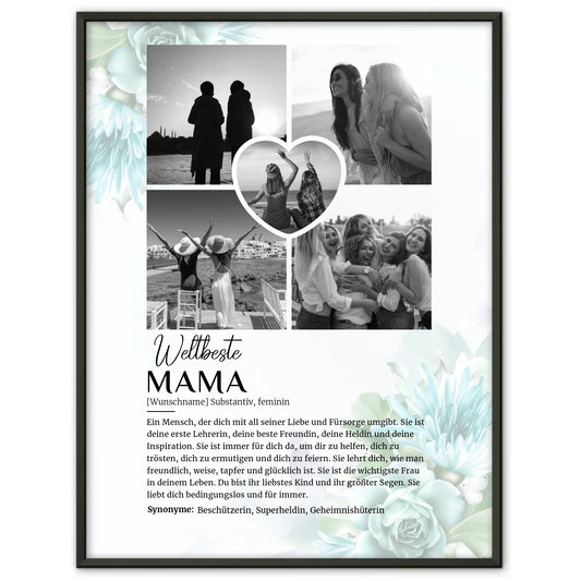 Personalisiertes Poster Definition Mama 5 Fotos Schwarz Weiß Floral Blau