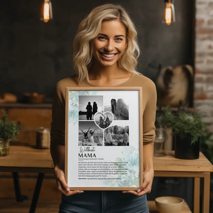 Personalisiertes Poster Definition Mama 5 Fotos Schwarz Weiß Floral Blau