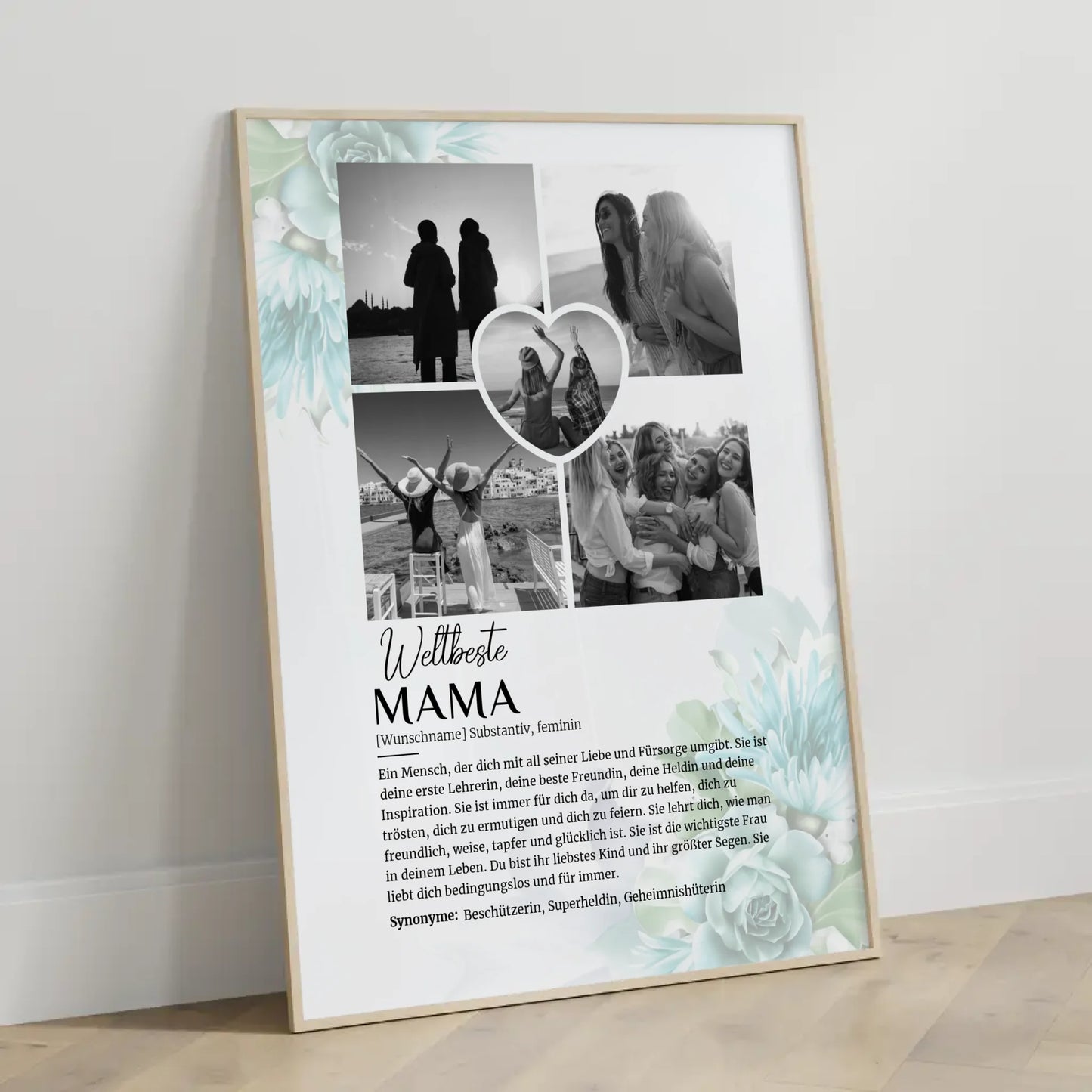 Personalisiertes Poster Definition Mama 5 Fotos Schwarz Weiß Floral Blau