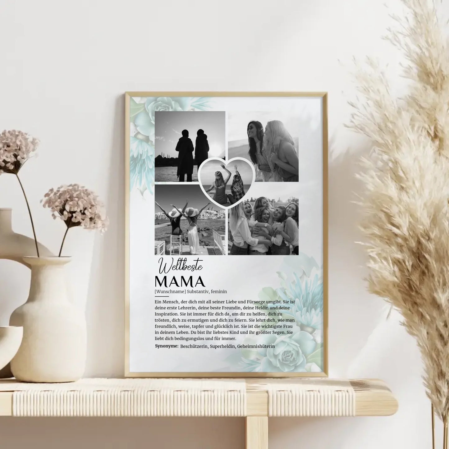 Personalisiertes Poster Definition Mama 5 Fotos Schwarz Weiß Floral Blau