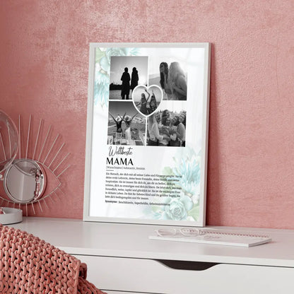 Personalisiertes Poster Definition Mama 5 Fotos Schwarz Weiß Floral Blau
