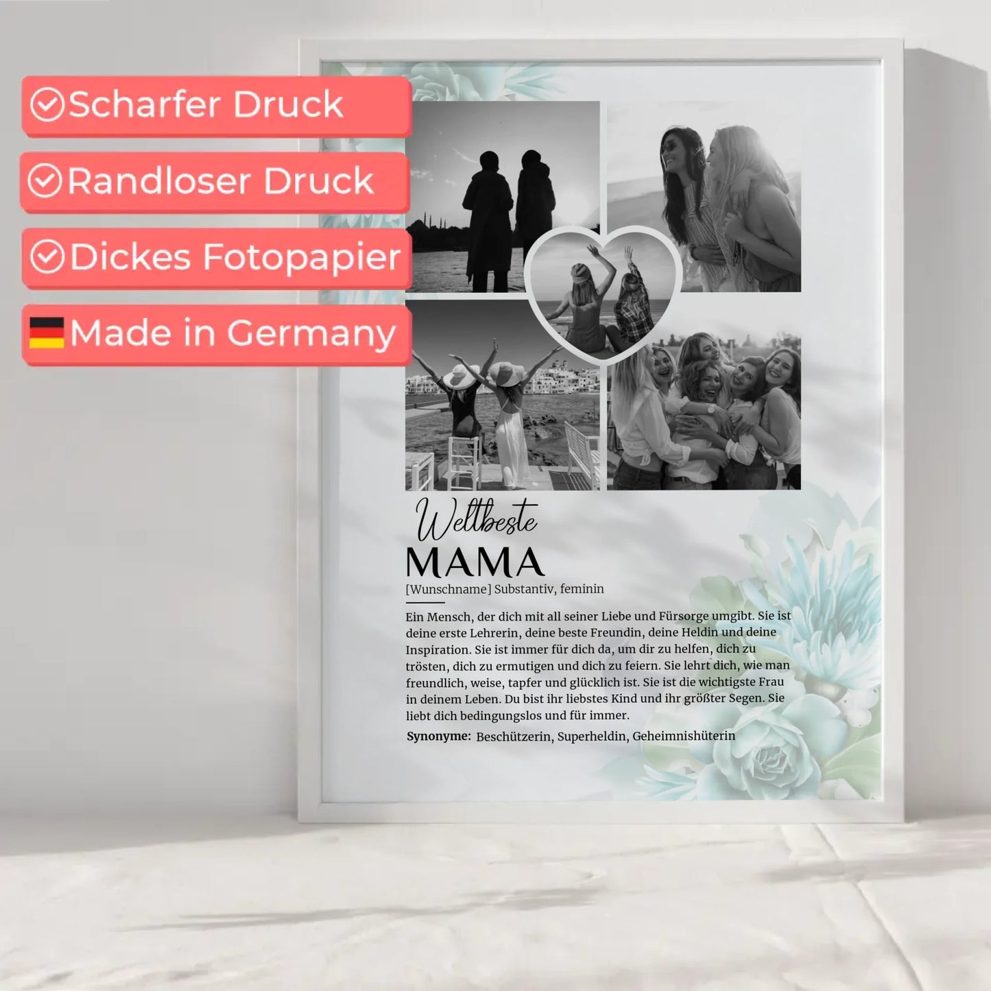 Personalisiertes Poster Definition Mama 5 Fotos Schwarz Weiß Floral Blau