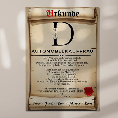 Ausbildungsabschluss Geschenk Automobilkauffrau Urkunde Fotoboard Magnet Poster