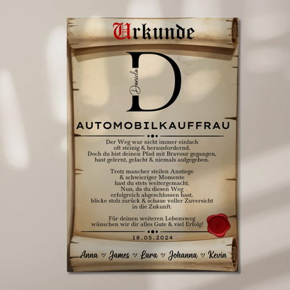 Ausbildungsabschluss Geschenk Automobilkauffrau Urkunde Fotoboard Magnet Poster