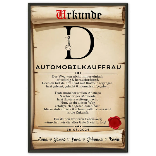 AusbildungsabschlussGeschenk Automobilkauffrau PosterUrkunde