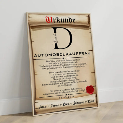 AusbildungsabschlussGeschenk Automobilkauffrau PosterUrkunde