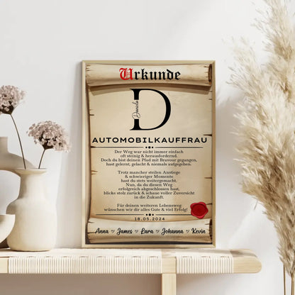 AusbildungsabschlussGeschenk Automobilkauffrau PosterUrkunde