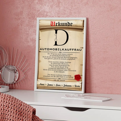 AusbildungsabschlussGeschenk Automobilkauffrau PosterUrkunde