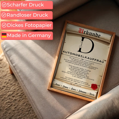 AusbildungsabschlussGeschenk Automobilkauffrau PosterUrkunde