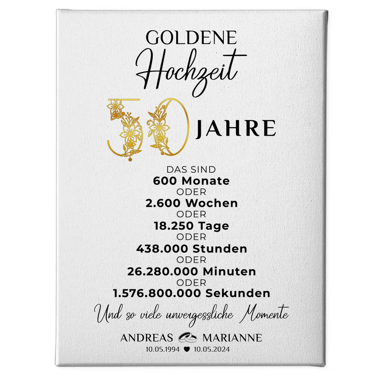 Personalisierte Leinwand Geschenk Momente 50 Hochzeitstag Goldene Hochzeit