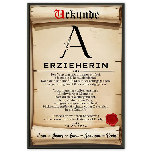 Geschenk Zum Abschluss Ausbildung Poster Urkunde Erzieherin