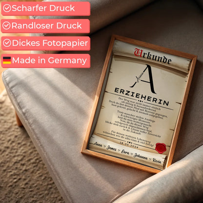 Geschenk Zum Abschluss Ausbildung Poster Urkunde Erzieherin