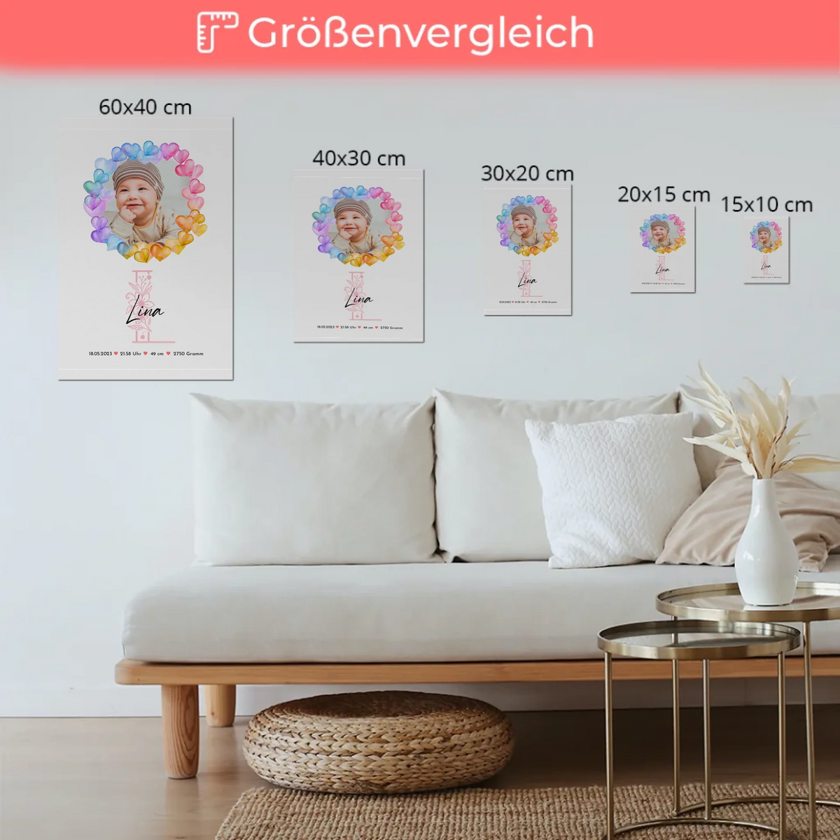 Fotoboard Magnet Wandbild Geburt Baby mit Namen und Foto personalisiert mit Geburtsdaten