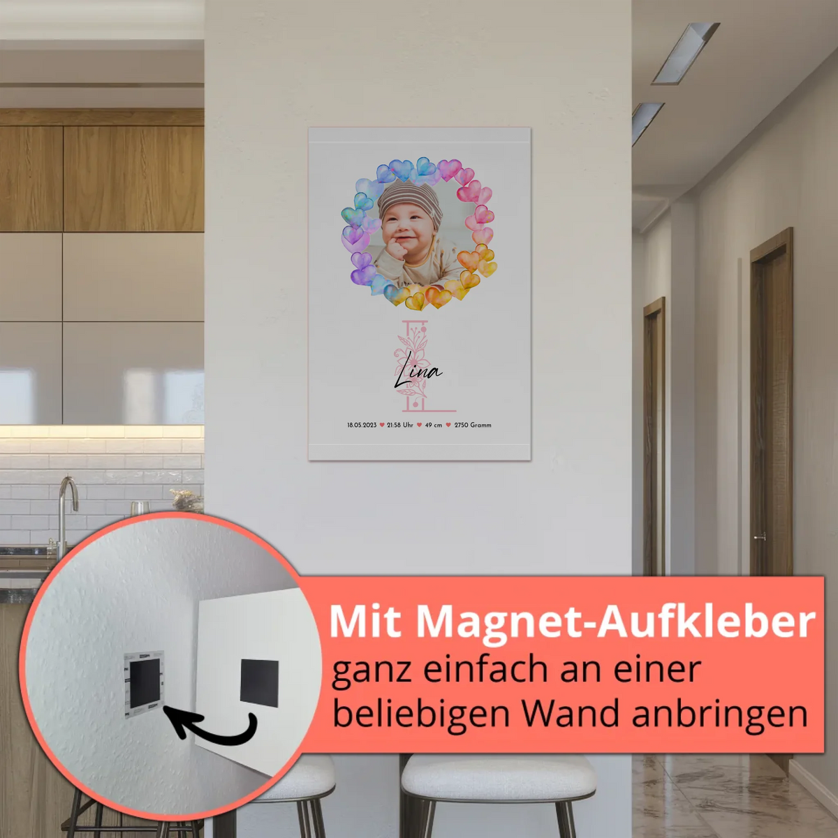 Fotoboard Magnet Wandbild Geburt Baby mit Namen und Foto personalisiert mit Geburtsdaten