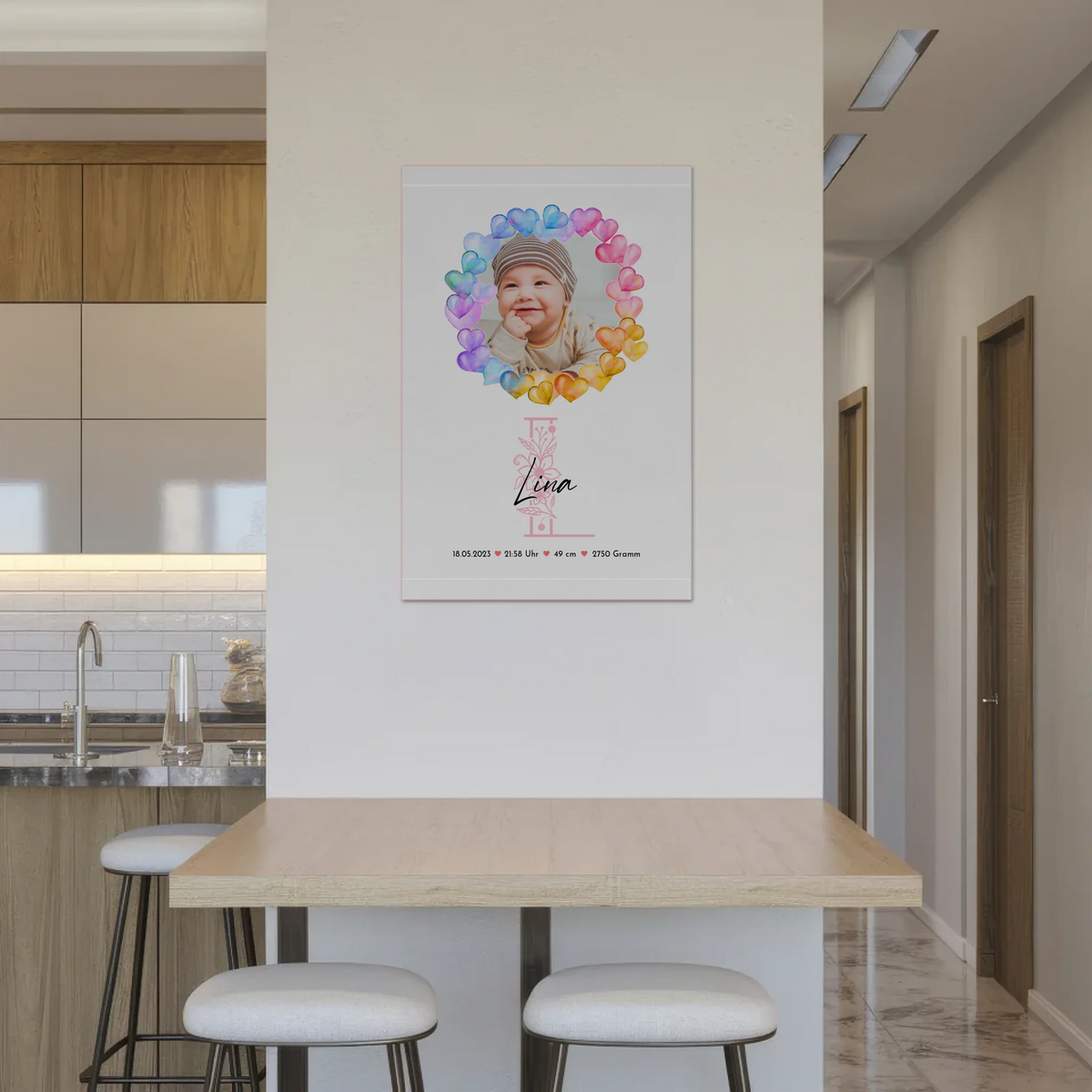 Fotoboard Magnet Wandbild Geburt Baby mit Namen und Foto personalisiert mit Geburtsdaten