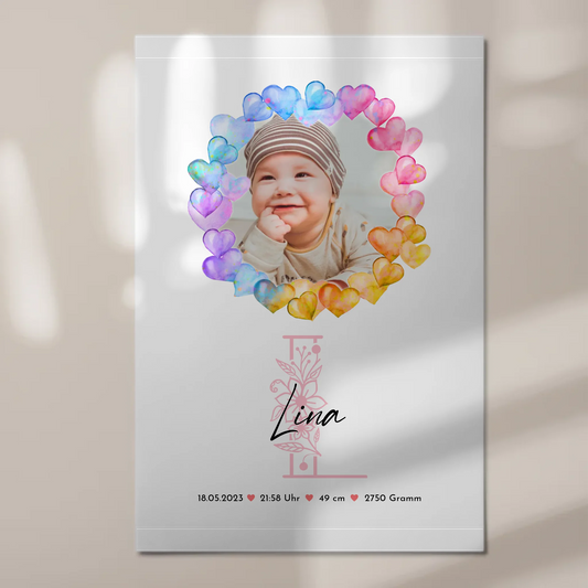 Fotoboard Magnet Wandbild Geburt Baby mit Namen und Foto personalisiert mit Geburtsdaten