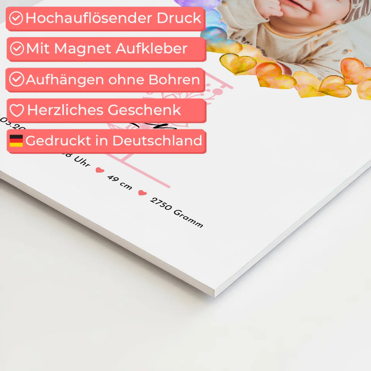 Fotoboard Magnet Wandbild Geburt Baby mit Namen und Foto personalisiert mit Geburtsdaten
