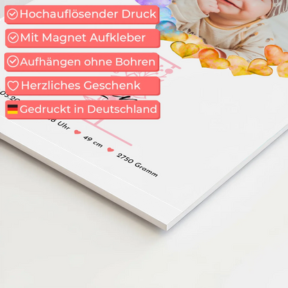 Fotoboard Magnet Wandbild Geburt Baby mit Namen und Foto personalisiert mit Geburtsdaten