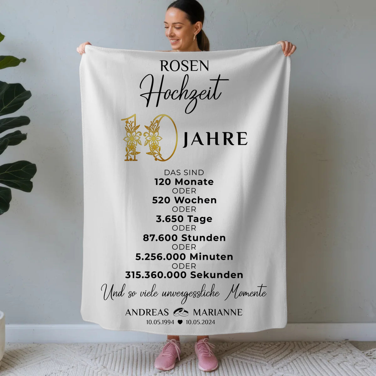 Personalisierte Decke Geschenk zur Rosenhochzeit 10 Hochzeitstag Momente Namen Wunschtext