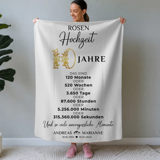 Personalisierte Decke Geschenk zur Rosenhochzeit 10 Hochzeitstag Momente Namen Wunschtext