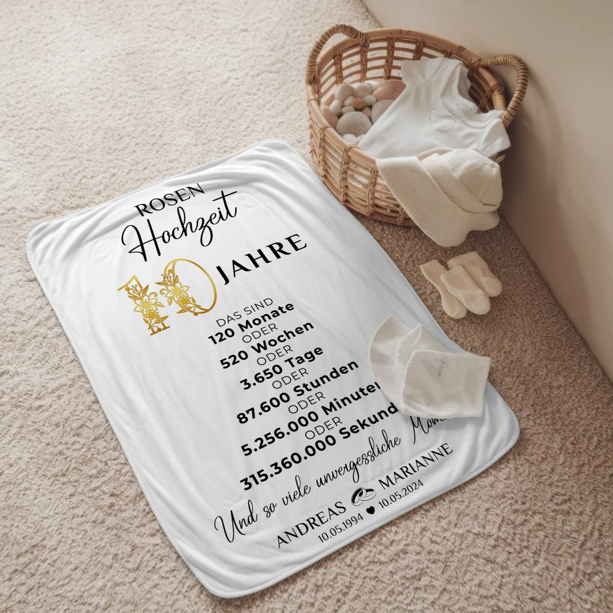 Personalisierte Decke Geschenk zur Rosenhochzeit 10 Hochzeitstag Momente Namen Wunschtext