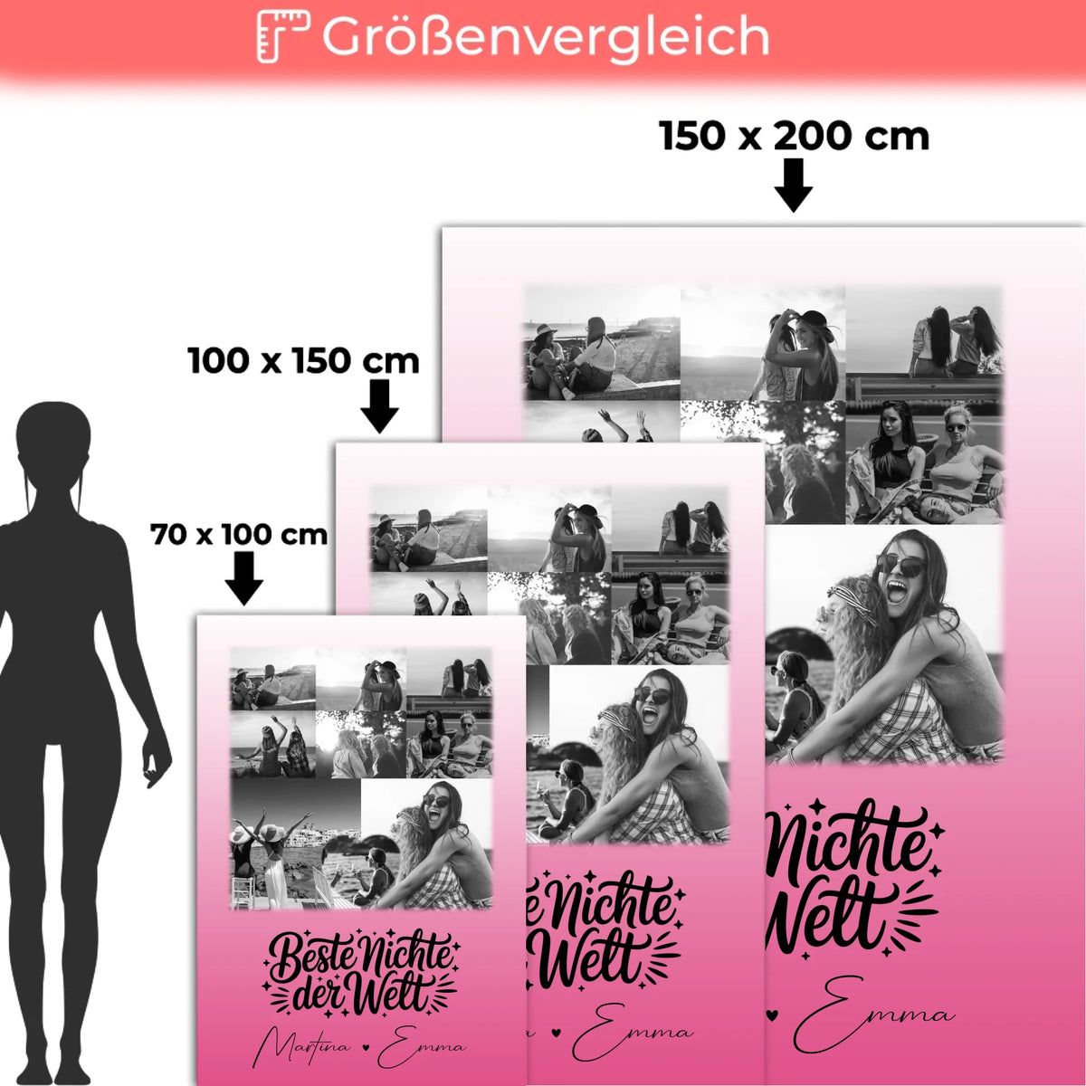 Personalisierte Namensdecke mit 8 Fotos und Herz Foto für die beste Nichte der Welt Schwarz-Weiß