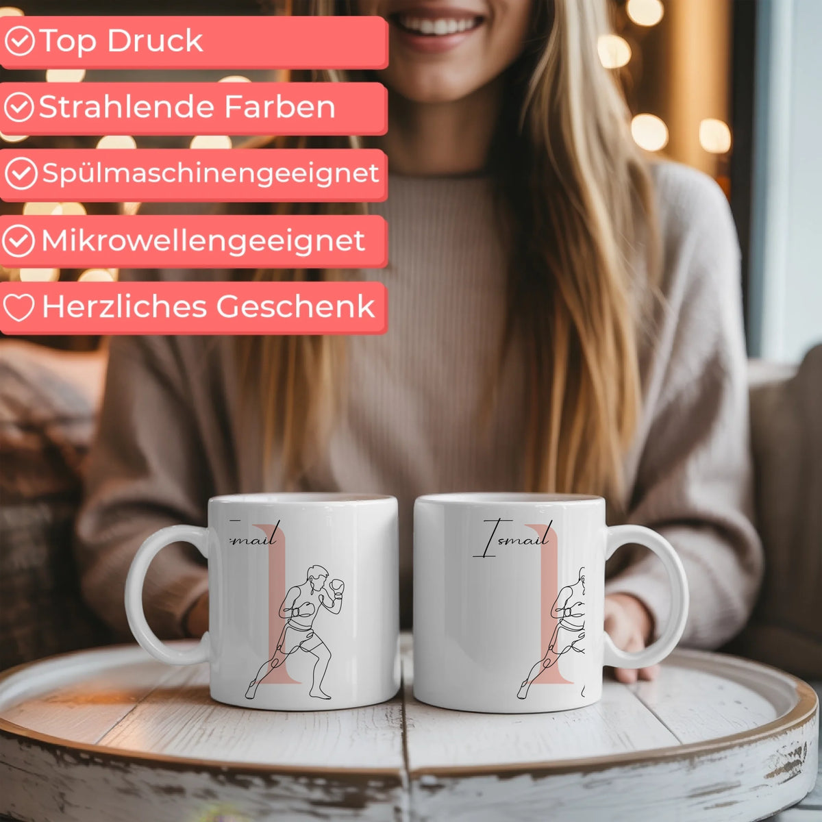 Kaffee Tasse Personalisiert mit Lineart Boxer Motiv in Boxen Design